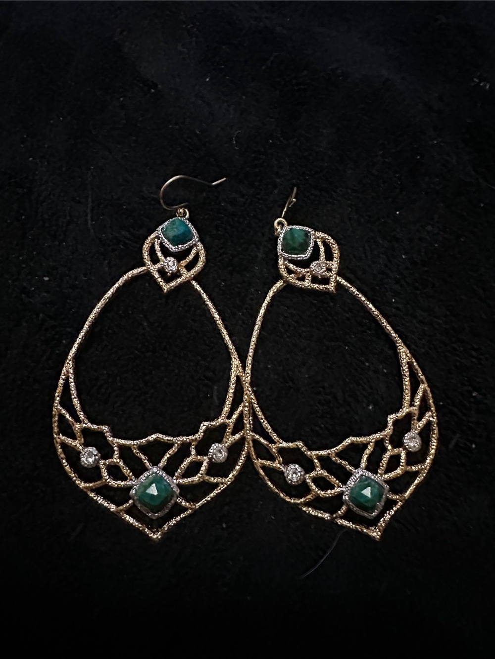 Gold-Tone Filigree Drop Earrings with Green Stones